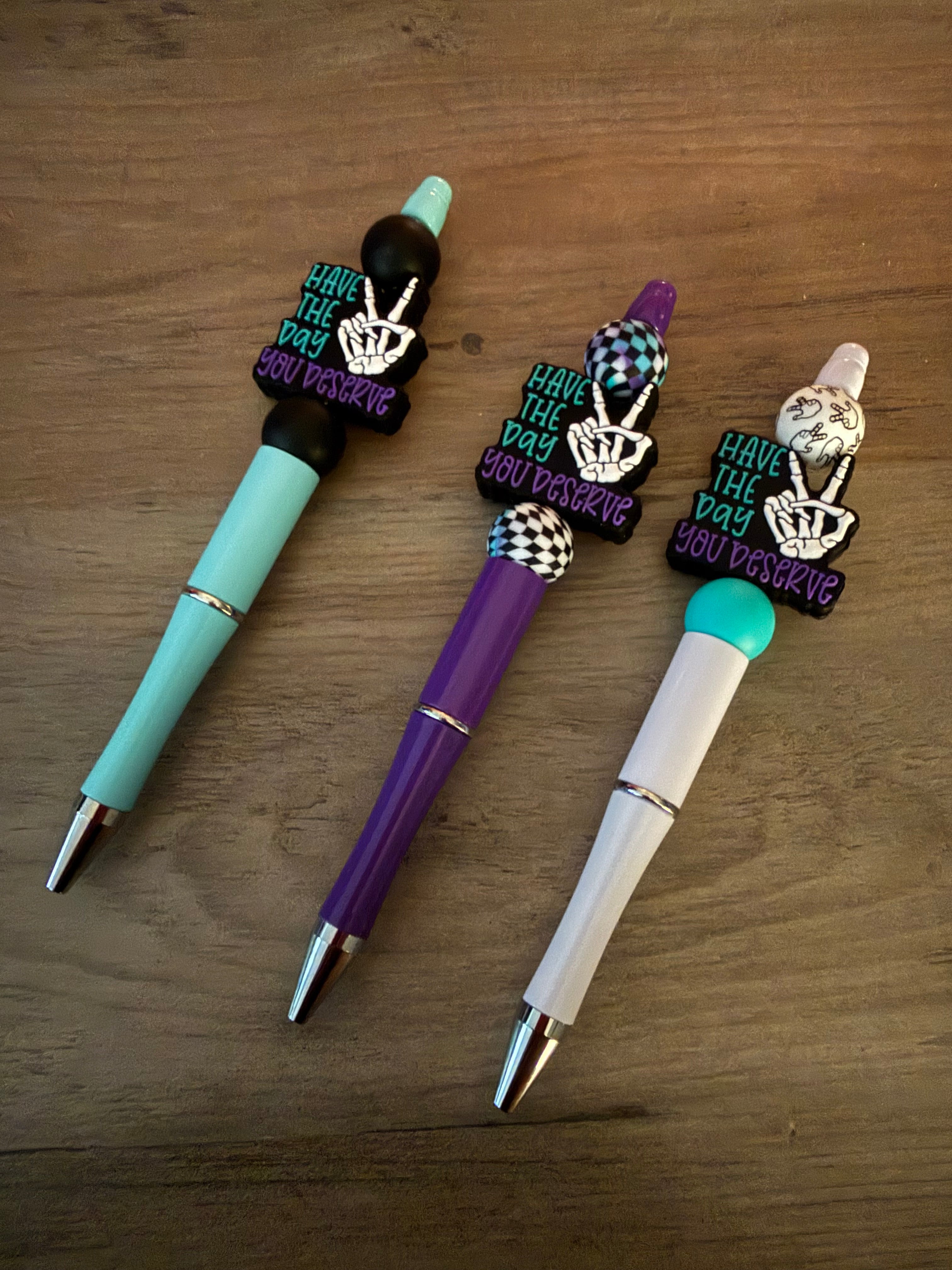 Have the Day You Deserve Beaded Pens | Sassy Skeleton Pens | Teal & Purple Handmade Pens