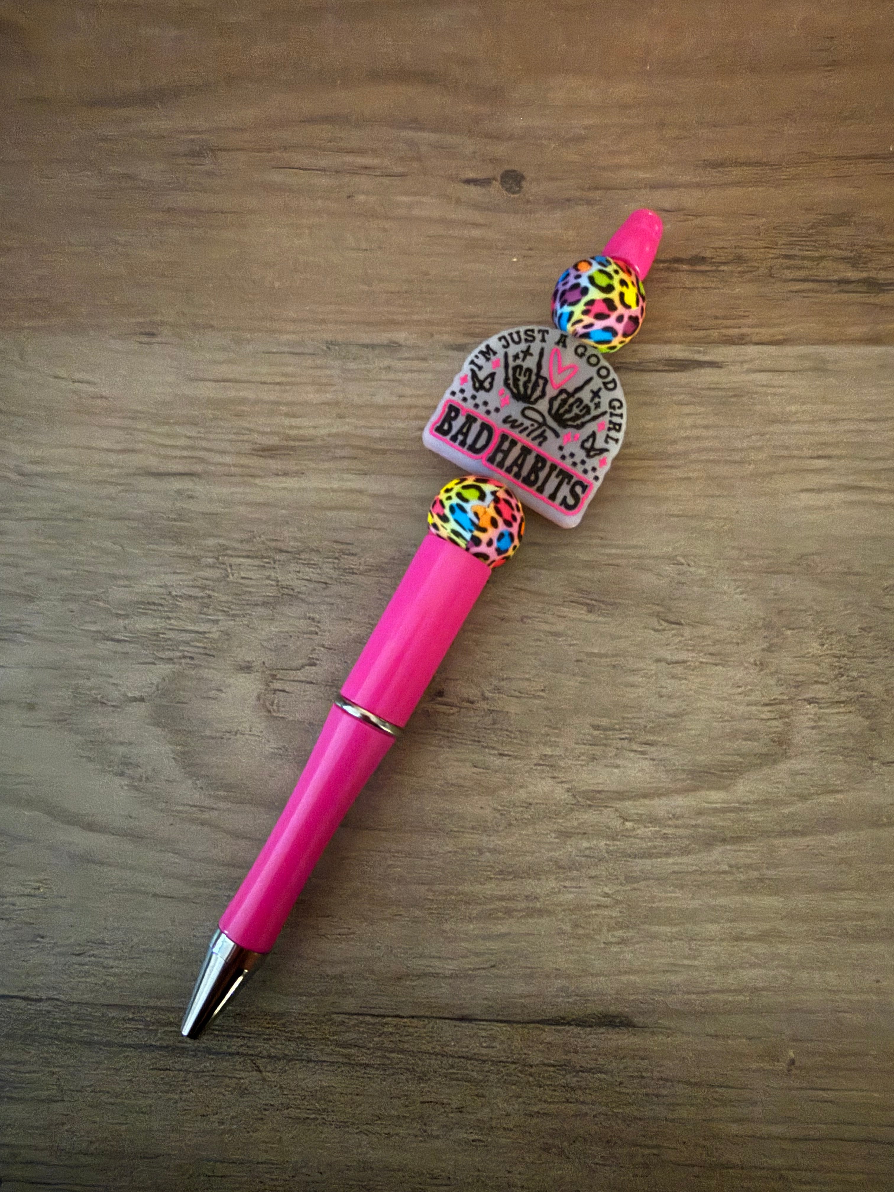 Bad Habits Beaded Pens | Sassy Good Girl Pens | Pink, Black & Leopard Handmade Pens