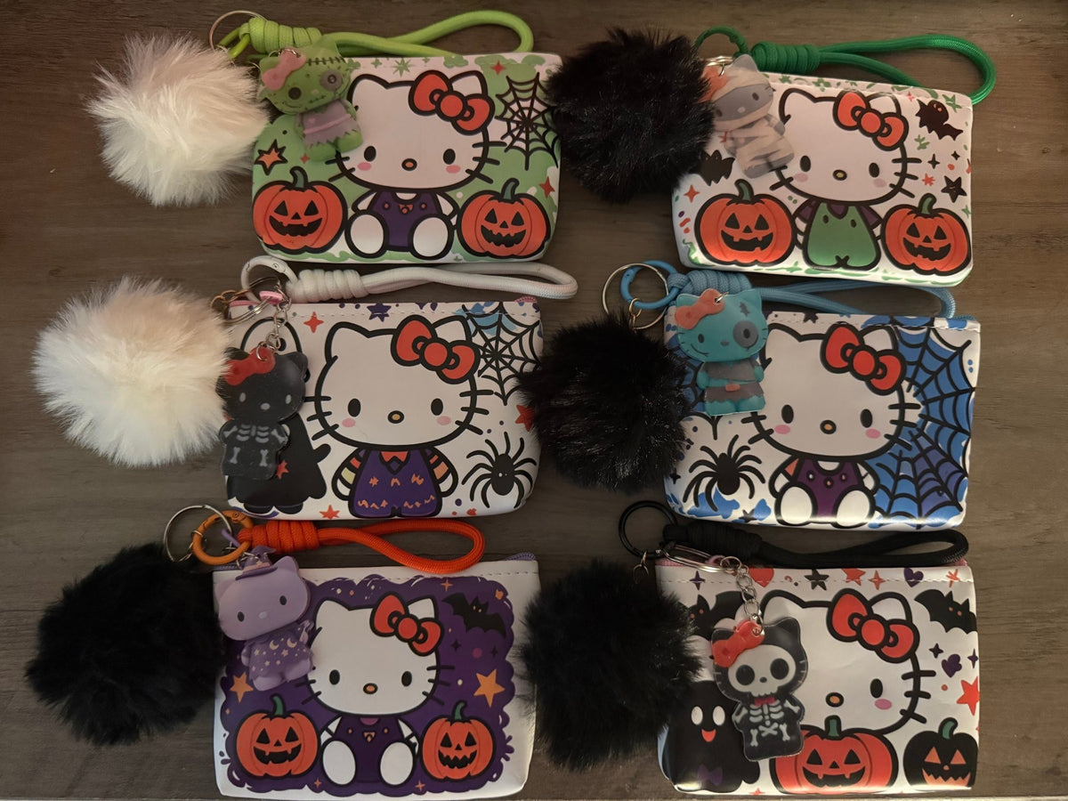 Halloween Kitty-Inspired Mini Zipper Pouches | Cute Spooky Coin Purses | Wristlet Keychain Wallets with Pom Pom & Charm | Kawaii Halloween Gifts - Linnea’s Cute Creationz