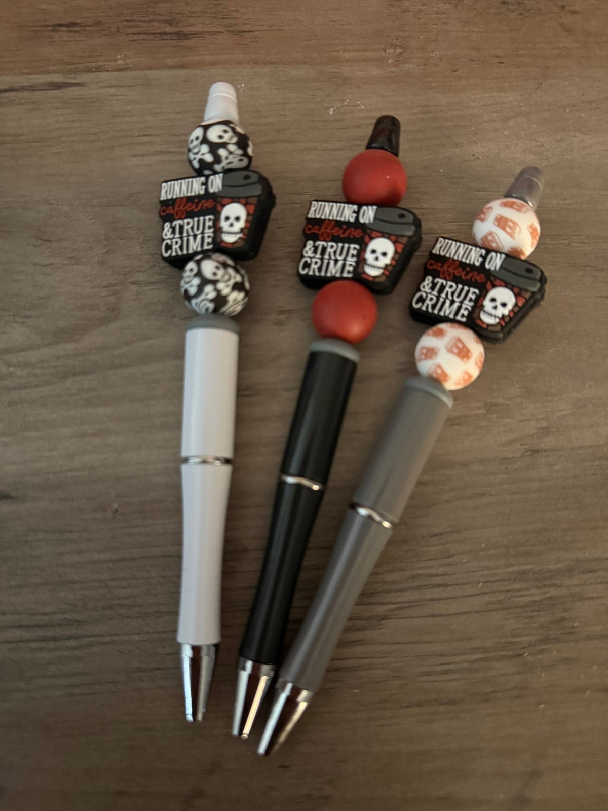 Running on Caffeine & True Crime Beaded Pens | Spooky Coffee Lover Pens | Handmade True Crime Gift Pens - Linnea’s Cute Creationz